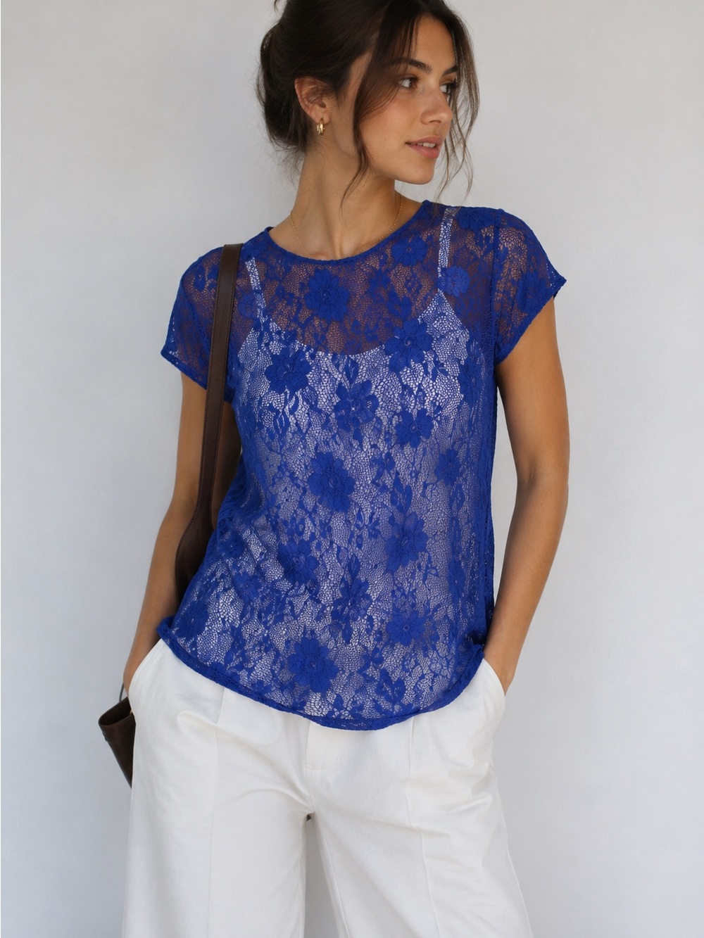 Picadilly Fashion Royal Blue Floral Mesh Lace Short Sleeve Blouse